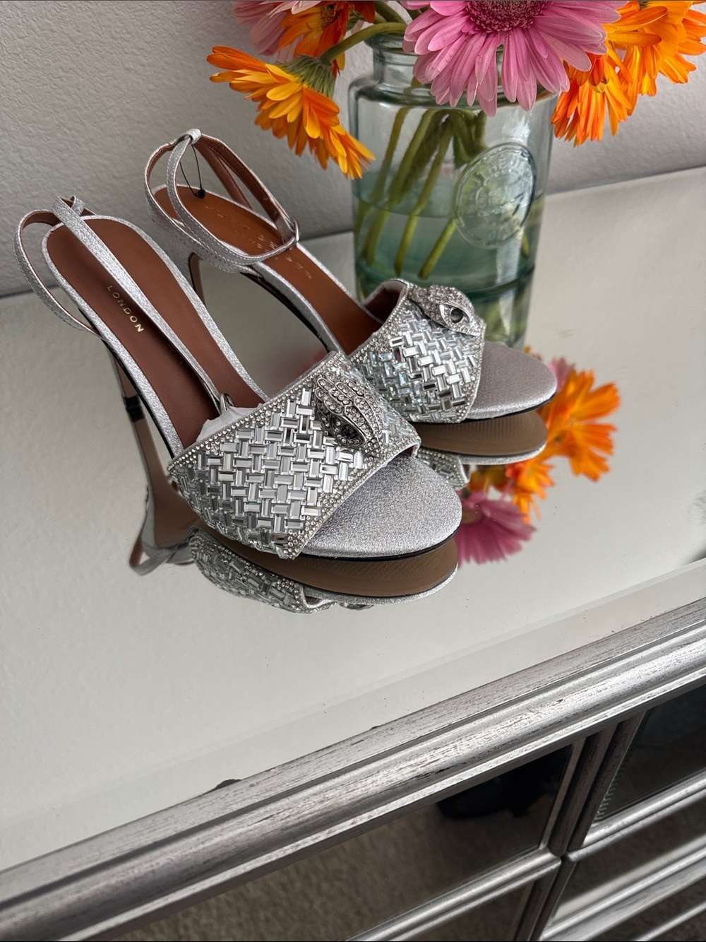 Kurt Geiger Silver Crystal-Embellished Slingback Heels